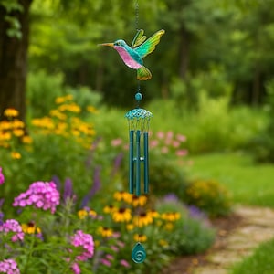 Stained Glass Hummingbird Wind Chime – Rainbow Sun Catcher Bell for Garden, Porch, or Window | Handmade Colorful Hanging Decor Gift
