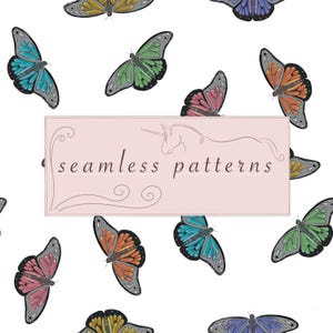 May include: A seamless pattern design featuring colorful butterflies in shades of teal, green, orange, pink, and purple on a white background. The design includes the text "seamless patterns" in a pink rectangular frame with a unicorn illustration.