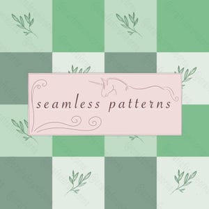 May include: A seamless pattern design featuring a light pink rectangular banner with the words "seamless patterns" and a unicorn illustration. The background is a checkered pattern of green and light green squares, with sprigs of leaves.