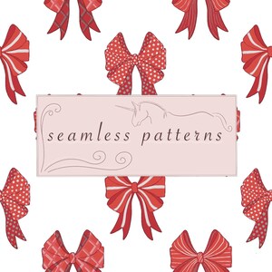 May include: A seamless pattern design featuring various red bows with different patterns, including polka dots and stripes, on a white background. The design includes the text "seamless patterns" with a unicorn illustration.