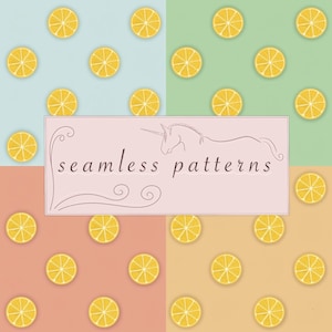May include: A seamless pattern design featuring lemon slices on four different colored backgrounds: light blue, green, peach, and yellow. The text "seamless patterns" is displayed in a rectangular frame with a unicorn illustration.