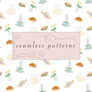 May include: A repeating pattern featuring illustrations of teacups, hats, pastries, flowers, and pitchers on a white background. A rectangular banner with the text "seamless patterns" and a unicorn silhouette is in the center.