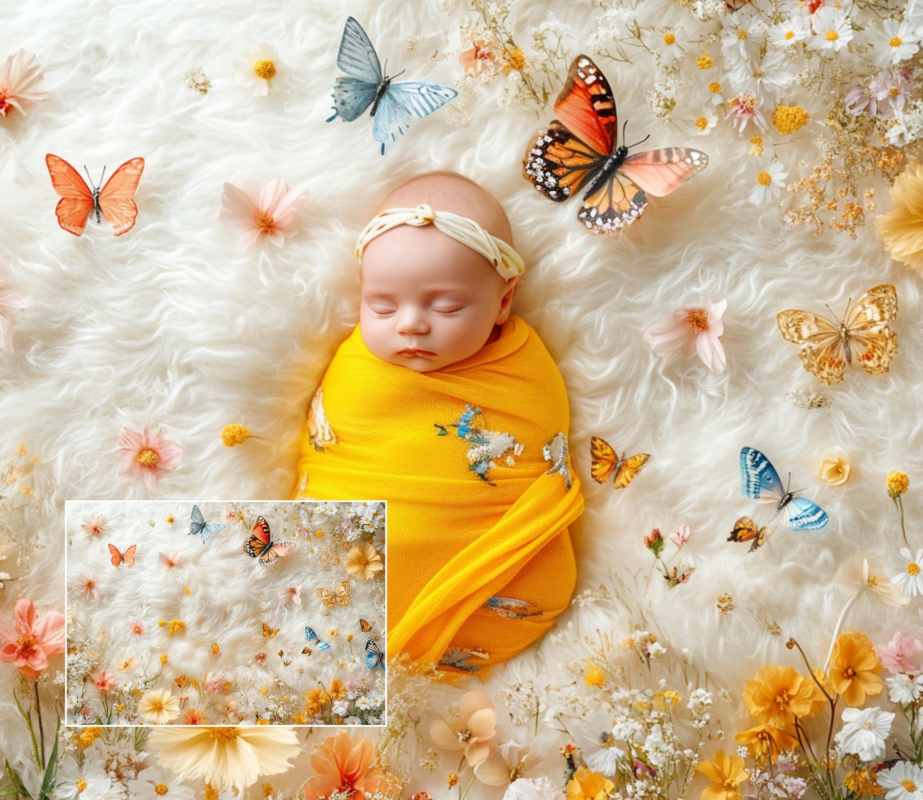 Newborn Digital Backdrop | Yellow Daisy Bassinet Cradle for Baby ...