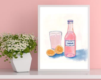 Framed Pink Lemonade Art Print: Hand-Drawn Kitchen & Bar Decor