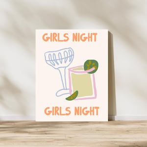 Unframed "Girls Night" Hand-Drawn Wall Art Print – Fun Cocktail Poster for Bar Cart, Dorm Room, or Bachelorette Party Decor