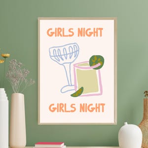Framed "Girls Night" Hand-Drawn Wall Art Print – Playful Drink Illustration with [Black/Wood/White] Frame for Bar Area, Dorm, or Home Decor
