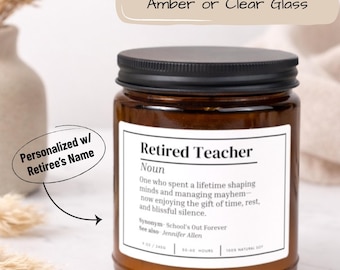 Regalo de jubilación para profesores, vela de jubilación para profesores, regalo de jubilación personalizado, regalo para profesores jubilados, vela de jubilación, vela de soja personalizada