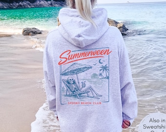 Summerween Sweatshirt, Beach Halloween Shirt, Summer Sweatshirt, Coastal Hoodie, Spooky Beach Club Tee, Skeleton Summer Halloween Hoodie