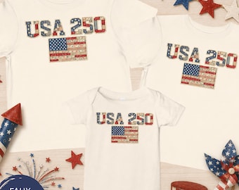 Camisetas da Família EUA 250, Camisetas Personalizadas Combinando para o 4 de Julho, Camiseta Patriótica para Reunião de Família, Camisetas Personalizadas para Férias, Camiseta de Família com Bandeira em Patchwork