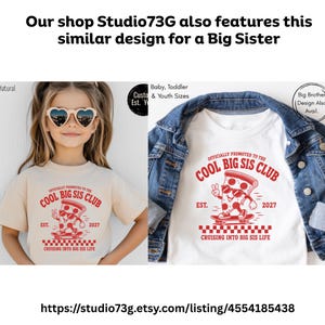 May include: A beige t-shirt and a white t-shirt, each featuring a red graphic of a pizza slice on a skateboard with sunglasses, text reading "OFFICIALLY PROMOTED TO THE COOL BIG SIS CLUB" and "EST. 2027", and a checkered pattern at the bottom.