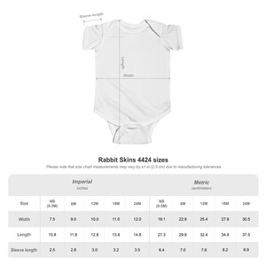 May include: A white baby bodysuit shown with a technical diagram indicating sleeve length, body length, and width. Below the garment is a Rabbit Skins 4424 size chart displaying measurements in inches for sizes NB, 6M, 12M, 18M, and 24M.