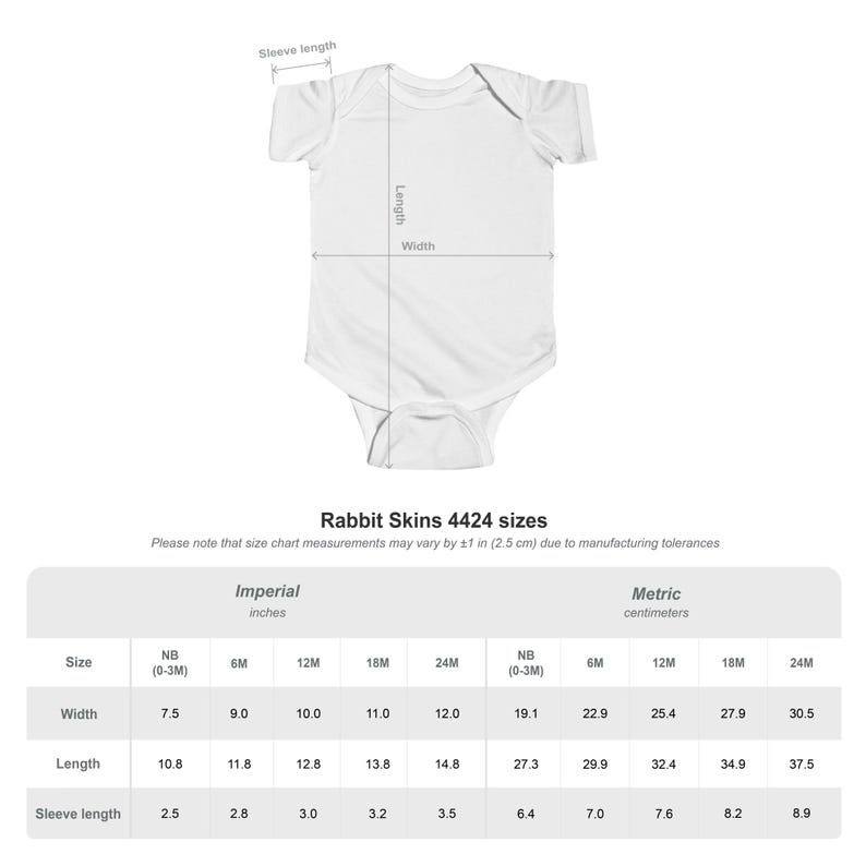 May include: A white baby bodysuit shown with a technical diagram indicating sleeve length, body length, and width. Below the garment is a Rabbit Skins 4424 size chart displaying measurements in inches for sizes NB, 6M, 12M, 18M, and 24M.