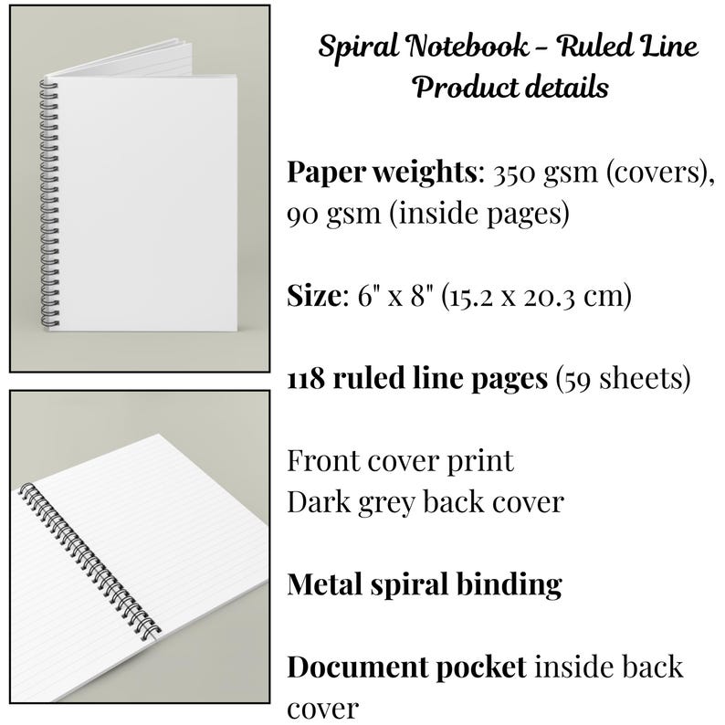 K&ouml;nnte beinhalten: Ein wei&szlig;es Spiralnotizbuch mit linierten Seiten, 15,2 x 20,3 cm gro&szlig;, mit einem Frontcover-Druck und einem dunkelgrauen R&uuml;ckcover. Das Notizbuch hat 118 linierte Seiten und eine Metall-Spiralbindung. Enth&auml;lt eine Dokumententasche auf der Innenseite des R&uuml;ckcovers.