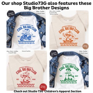 May include: Four shirts featuring Cool Big Bro Club designs. Two white shirts with blue or green graphics of an alligator on a motorcycle or a frog on a scooter. Two natural heather shirts with orange or red graphics of a pumpkin or juice box.