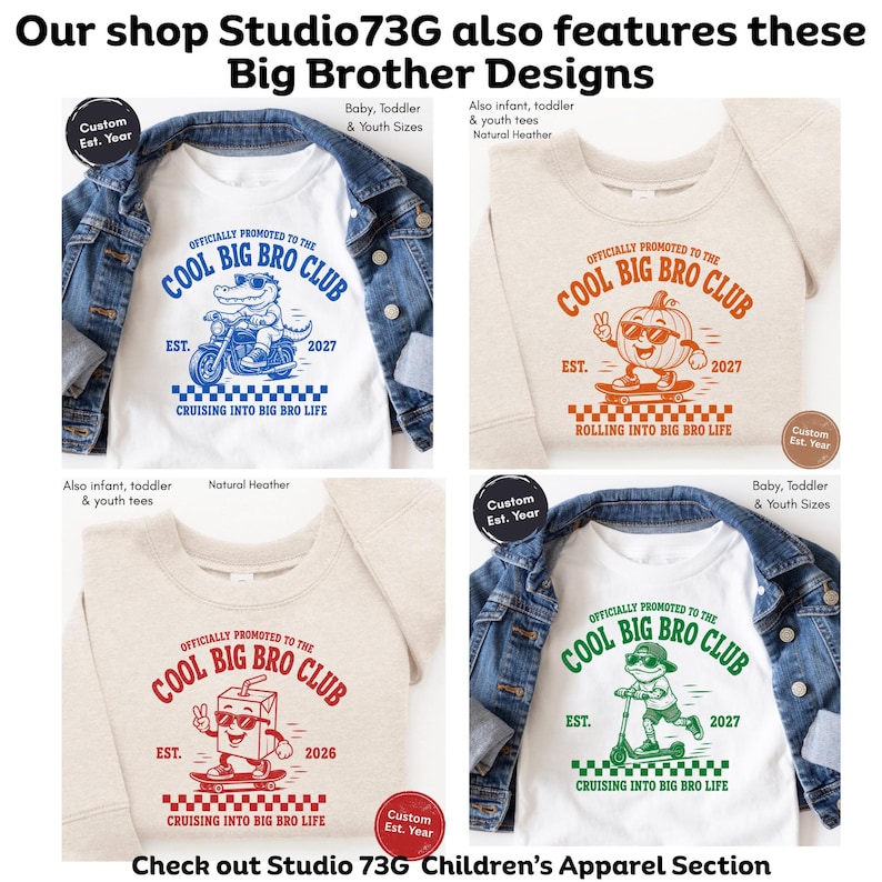 May include: Four shirts featuring Cool Big Bro Club designs. Two white shirts with blue or green graphics of an alligator on a motorcycle or a frog on a scooter. Two natural heather shirts with orange or red graphics of a pumpkin or juice box.