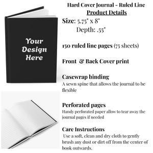 K&ouml;nnte beinhalten: Schwarzes Hardcover-Journal mit linierten Seiten. Das Journal ist 14,6 cm x 20,3 cm gro&szlig; und 1,4 cm tief. Auf dem Cover steht "Your Design Here". Das Journal hat 150 Seiten und perforierte Seiten.