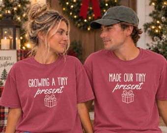 Christmas Pregnancy Announcement Shirts, Matching Couple Baby Reveal, Growing a Tiny Present, Holiday Baby Reveal, Comfort Colors