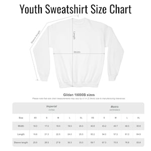 May include: A white youth sweatshirt size chart for Gildan 18000B. The graphic displays a white sweatshirt with lines indicating length, width, and sleeve length. A table provides measurements in inches for sizes XS through XL, including width, length, and sleeve length.
