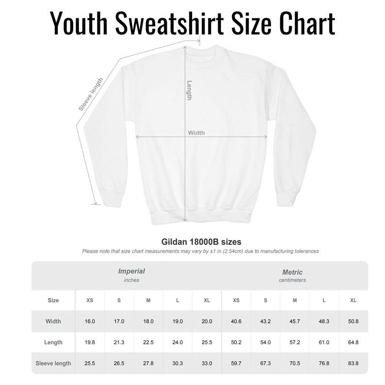May include: A white youth sweatshirt size chart for Gildan 18000B. The graphic displays a white sweatshirt with lines indicating length, width, and sleeve length. A table provides measurements in inches for sizes XS through XL, including width, length, and sleeve length.