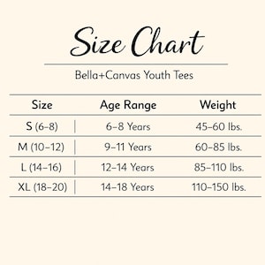 May include: A size chart for Bella+Canvas youth tees with black text on a cream background. The table lists sizes S, M, L, and XL with corresponding age ranges from 6 to 18 years and weight ranges from 45 to 150 lbs. The chart includes columns for size, age range, and weight.
