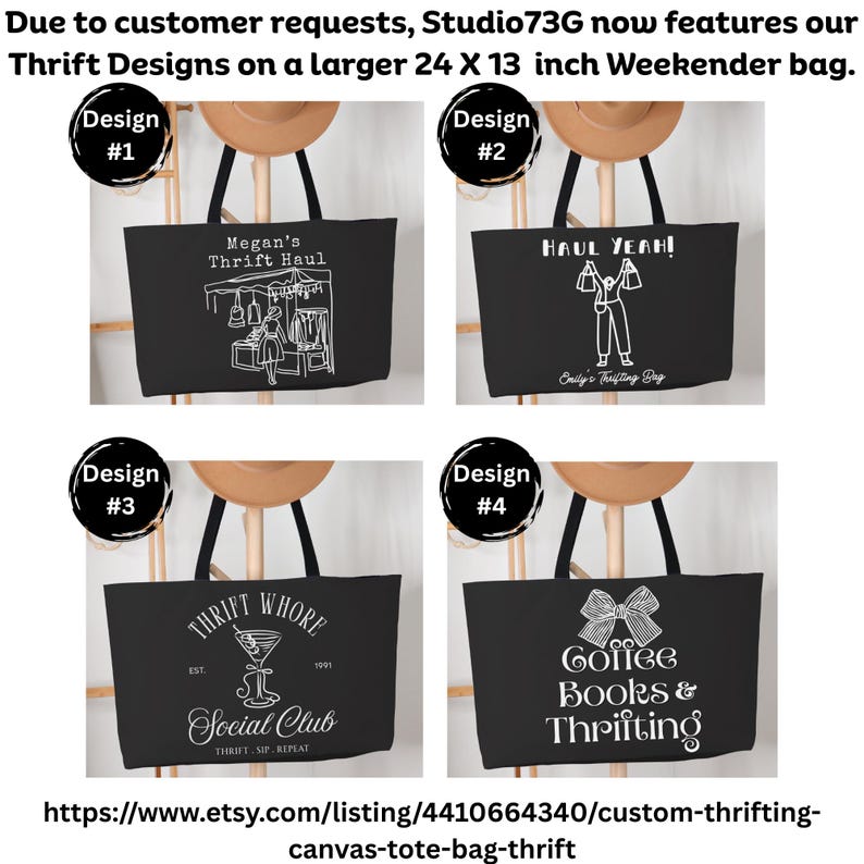 K&ouml;nnte beinhalten: Vier schwarze Tragetaschen mit wei&szlig;en grafischen Designs. Die Taschen sind 61 x 33 cm gro&szlig;. Designs sind "Megan's Thrift Haul", "HAUL YEAH!", "THRIFT WHORE Social Club" und "Coffee Books & Thrifting".