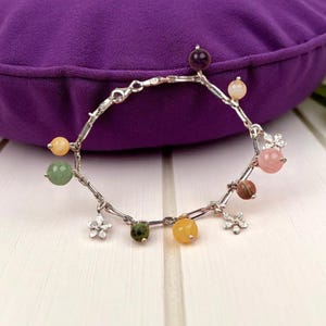 Natural Stone Bracelet – Amethyst, Citrine, Rose Quartz, Aventurine, Jade, Calcite – Silver Bead Women’s Jewelry