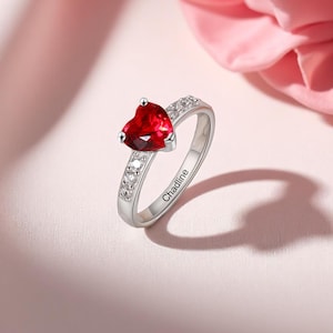 Personalized Birthstone Ring • 925 Sterling Silver • White Gold Plated Custom Name Ring • Dainty Gift for Her