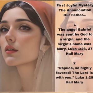 Puede incluir: Imagen religiosa de una mujer con halo y velo. El texto a la derecha dice "Primer Misterio Gozoso La Anunciación Padre Nuestro..." con versículos bíblicos y "Ave María".