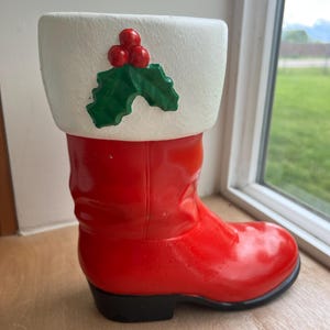 Vintage Christmas Ceramic Santa Boot Planter / White Cuff / Holly and Berries