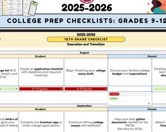 Puede incluir: Una pantalla de portátil que muestra una lista de verificación de preparación universitaria para los grados 9-12, con el texto "2025-2026" y "12th Grade Checklist". La lista incluye tareas para estudiantes y padres para agosto y septiembre.