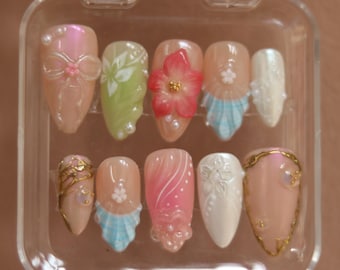 Mermaidcore Press On Nails: 3D Shell & Floral Charms, Beachy Iridescent Blue Pink