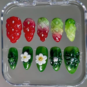 3D Strawberry Flower Press On Nails: Kawaii Summer Fruit Nail Art
