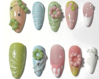 3D Matcha Strawberry Donut Press On Nails | Strawberry Milk & Pastel Kawaii Nail Art | 3D Pastel Glaze Pearl Drip
