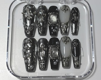 Gothic Cross Press On Nails: 3D Chrome Grunge Y2K Goth Nail Art