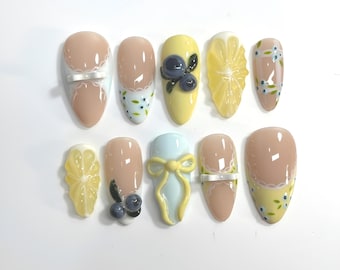 3D Lemon Blueberry Press On Nails: Cottagecore Bow Fruit Nail Art