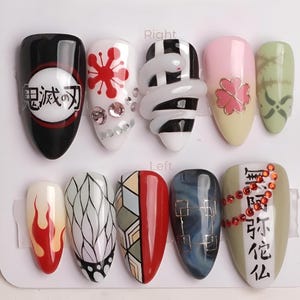 The Hashira Inspried Press On Nails | KNY Anime Art | Haori Pattern Fake Nails |  Ombre Fiery Nail Art| 3D Snake, Beads, Flames, and More |