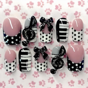 Musical Piano Press On Nails: 3D Bows, Polka Dot Coquette Nail Art