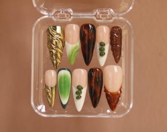 Olive Green Press On Nails: Gold Chrome Swirls, Marble Design