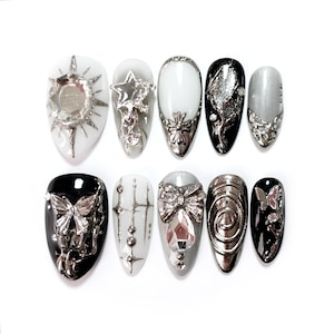 Y2K Chrome Press On Nails: Cyber Goth 3D Butterfly Bow Nail Art