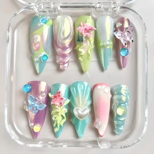 Fairycore Pastel 3D Press on Nails | Nature-inspired Flowers & Butterfly | Summer Gel Nail | Dreamy Iridescent Acrylic Faux Nails