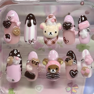 3D Rilakkuma Press On Nails: Kawaii Chocolate Dessert Art