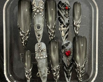 Gothic Chrome Press On Nails: 3D Silver Cross, Handmade Grunge Nail Art