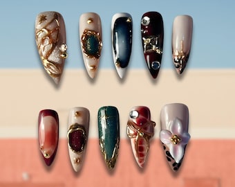 Uñas postizas barrocas vintage / Diseño de uñas florales en 3D color esmeralda y rubí