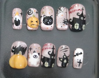 Kawaii Halloween Press On Nails | Spooky Ghost, Cat & Pumpkin Art