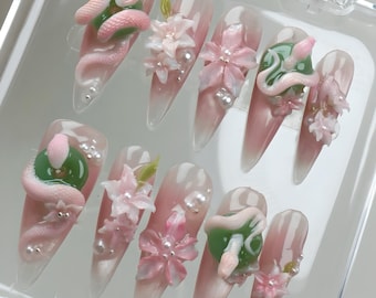 Jade Serpent Floral Press On Nails | 3D Blossom Snake Art | Enchanted Garden Gradient Green Fake Nails | Crystal Charm Nail Art