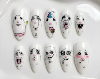 Hand-Painted Reaction Art Press On Nails | Meme Faces, Internet Culture Designs