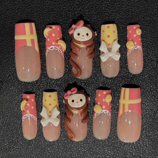 Kawaii Pink Press On Nails: 3D Monkey & Banana Charms, Bow Accent