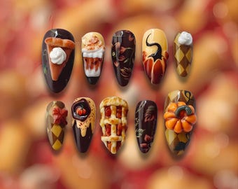 3D Thanksgiving Pie Press On Nails | Fall Leaf, Pumpkin, Latte Art