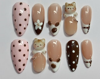3D Katze Kaffeebohne Drücken Sie auf die Nägel | Kawaii Handgemachte Gel Gefälschte Nägel