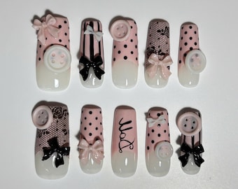 Pink Black Gyaru Coquette Press On Nails | Lace Bow Button, Handmade